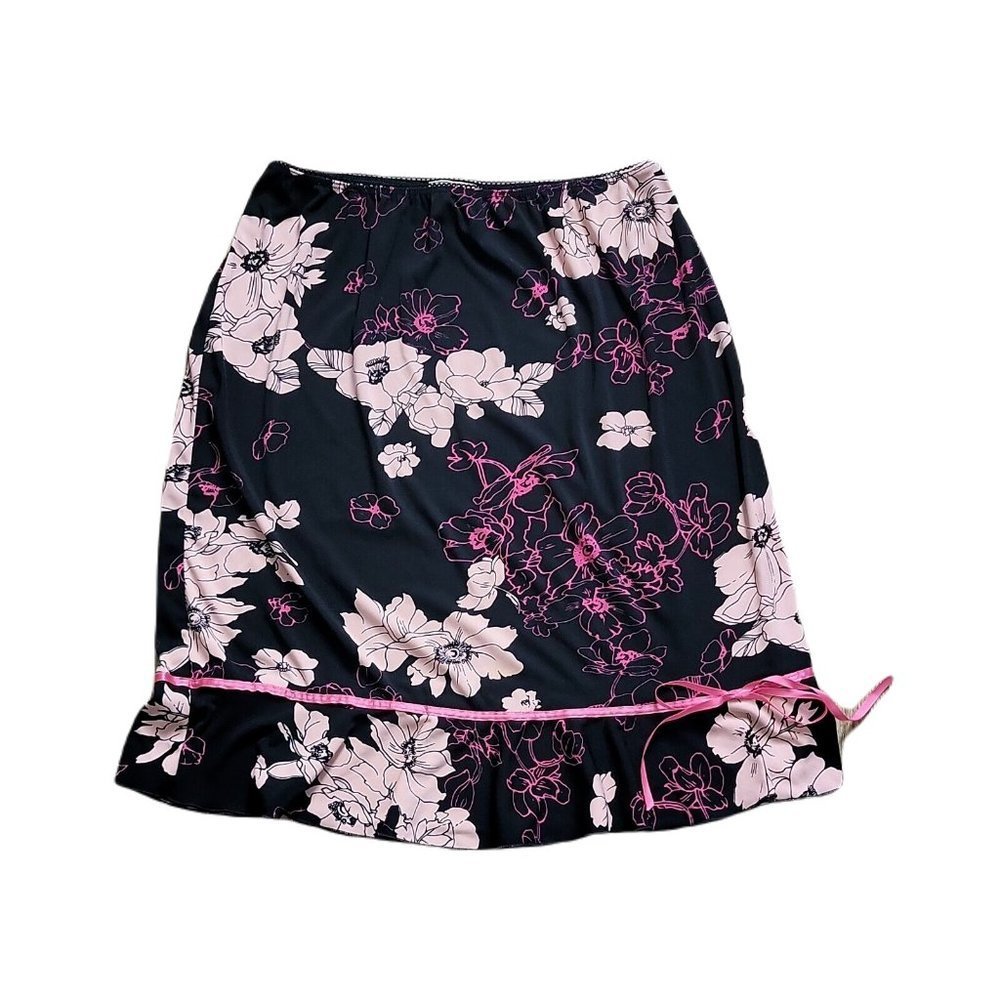 LunaChix Pull On Classy Floral Black Skirt ~ Sz L ~ Knee Length
